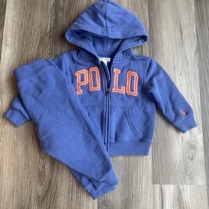 Y2K Polo Ralph Lauren Baby Hoodie Sweatpants Sweat Set Logo Spell Out Blue 12 M
